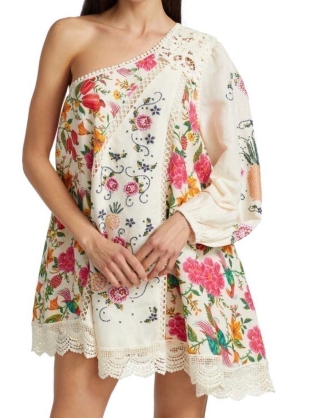FARM Rio One-Shoulder Cream Floral Mini Dress with Pink & Green Accents